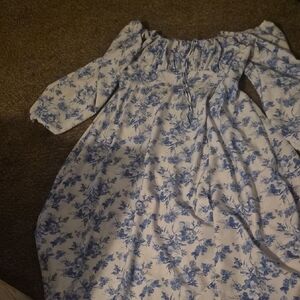 Womens Blue Floral Off-Shoulder Dress